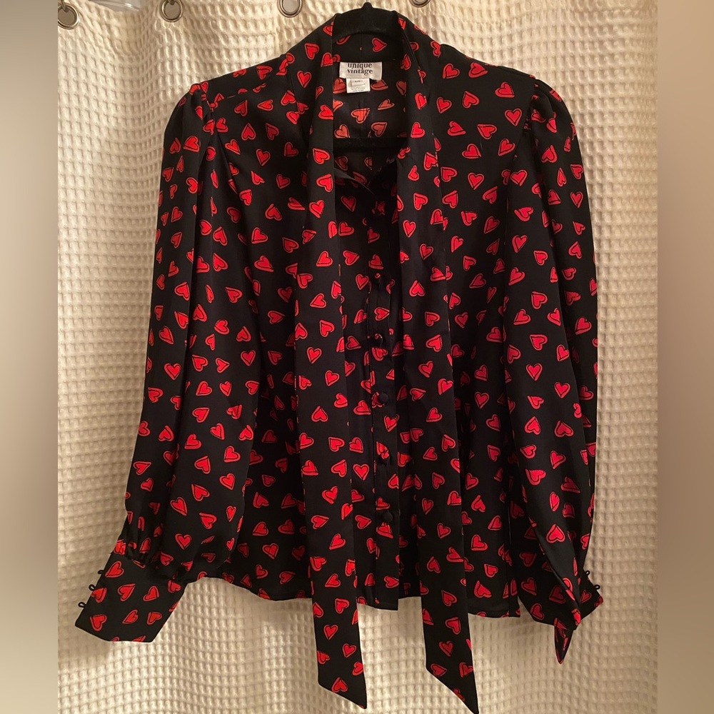 Unique Vintage Black Blouse with Red Heart Pattern